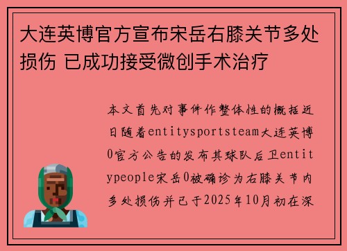 大连英博官方宣布宋岳右膝关节多处损伤 已成功接受微创手术治疗